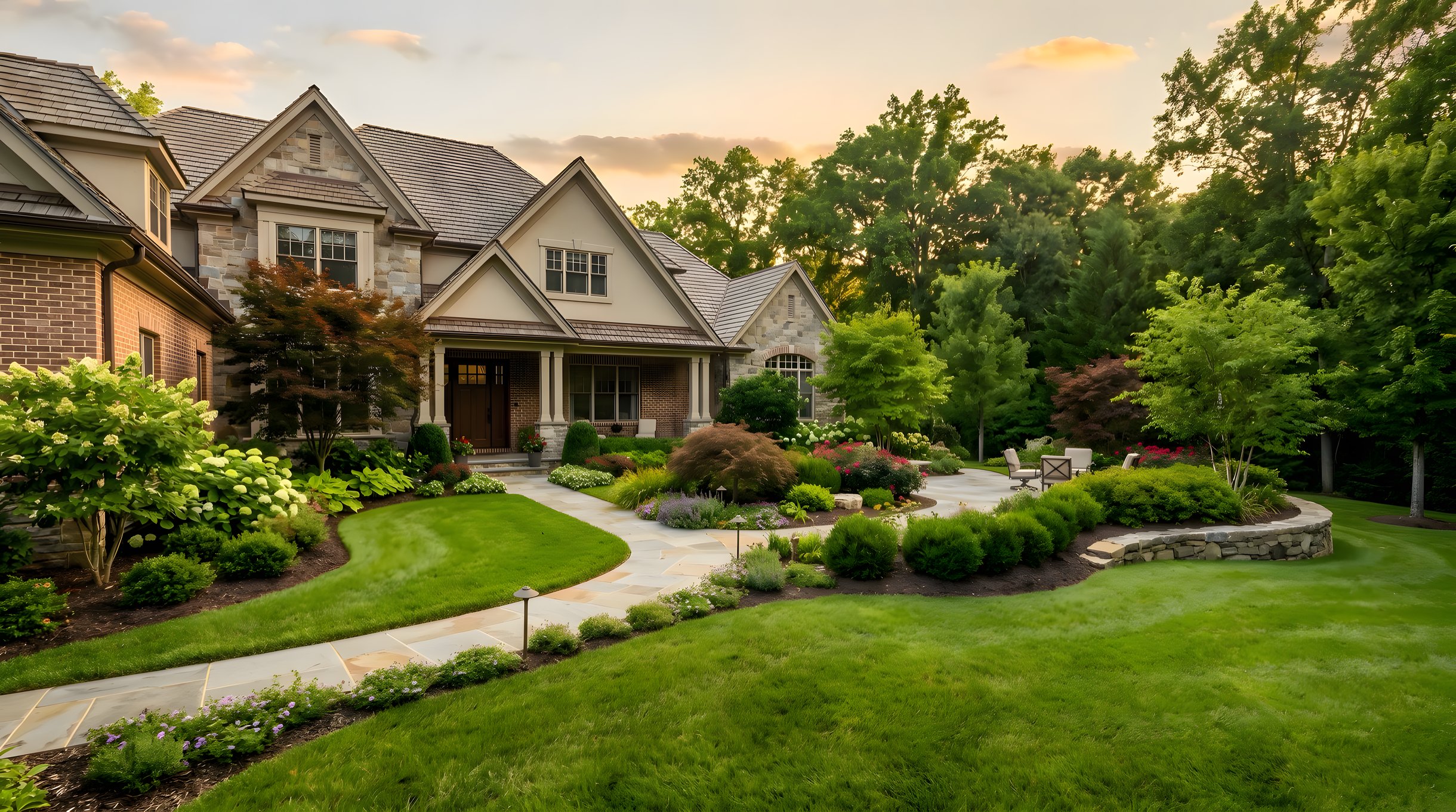 Completed landscape design near me project at a Northern Virginia home with a stone walkway and layered plantings