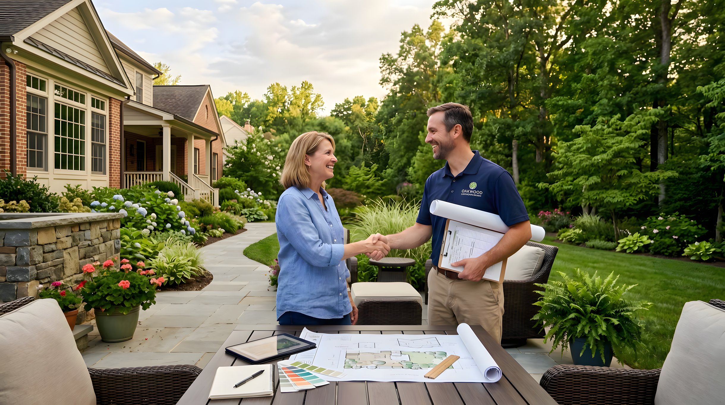 Homeowner meeting with a landscape design consultant in a Northern Virginia backyard