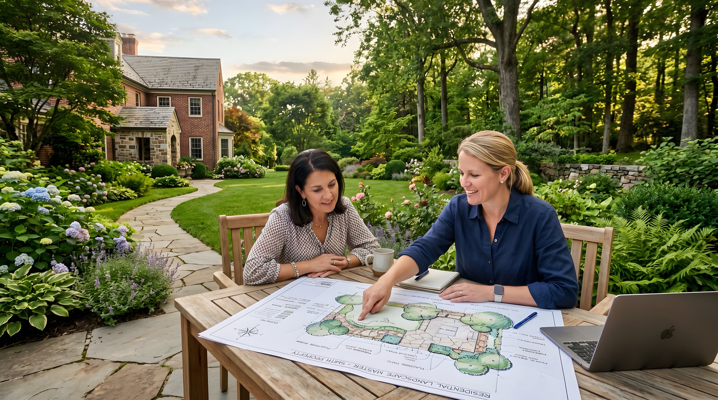 Professional landscape designer reviewing project plans with homeowner