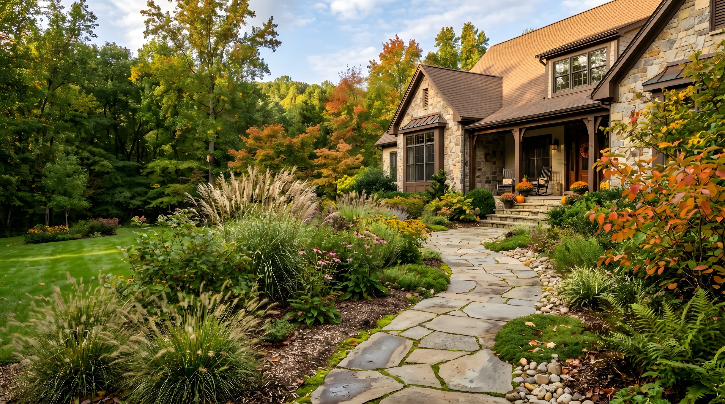 Northern Virginia residential landscape with native plants and stone pathway in autumn