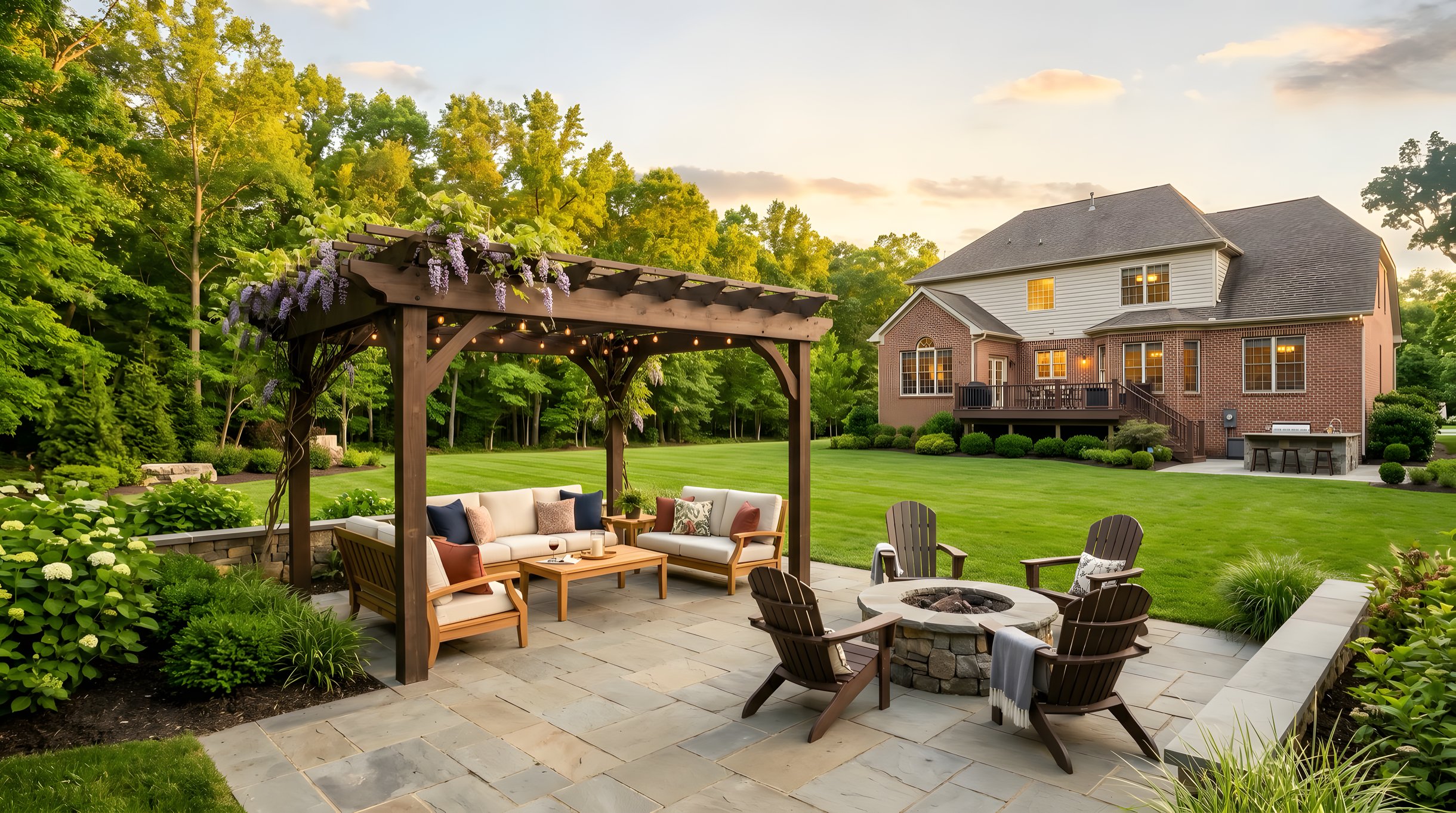 Outdoor living space in Northern Virginia with a paver patio, pergola, and manicured lawn at golden hour