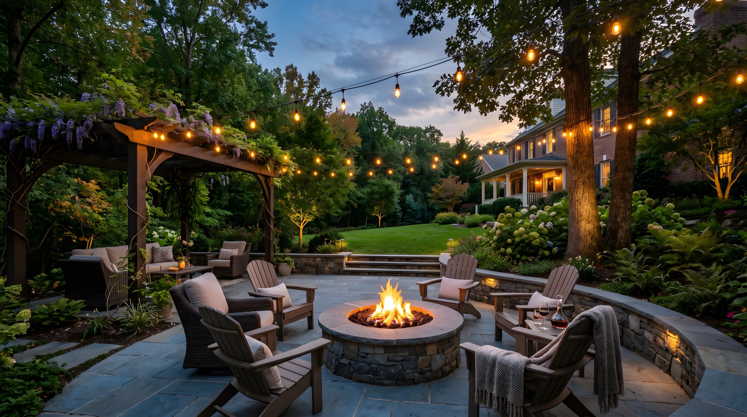 Northern Virginia backyard outdoor living space with stone patio and fire pit at dusk