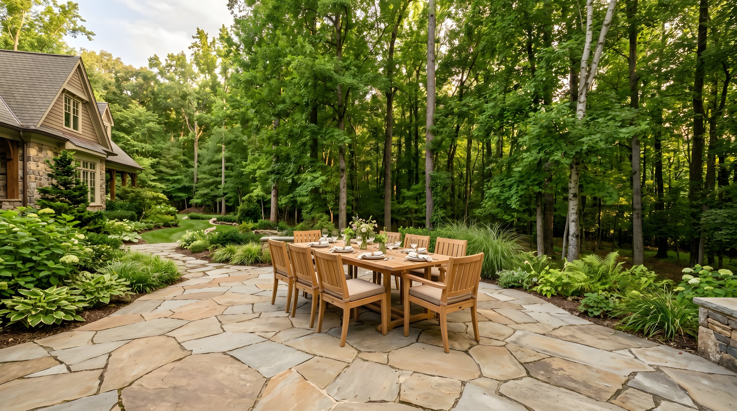 Natural flagstone patio with outdoor dining area in wooded Great Falls Virginia backyard