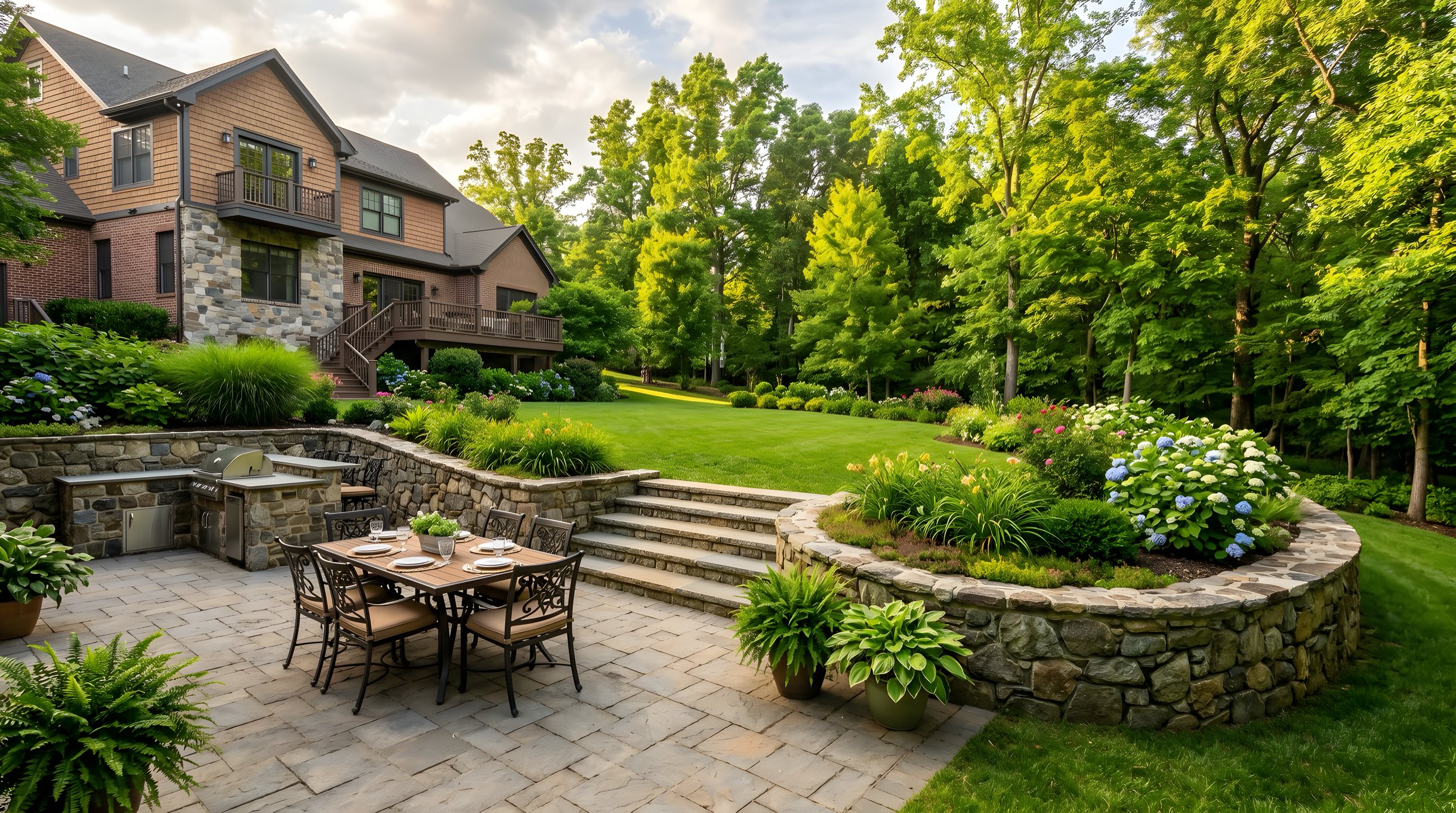 Tiered Northern Virginia backyard with retaining wall and patio creating outdoor living levels