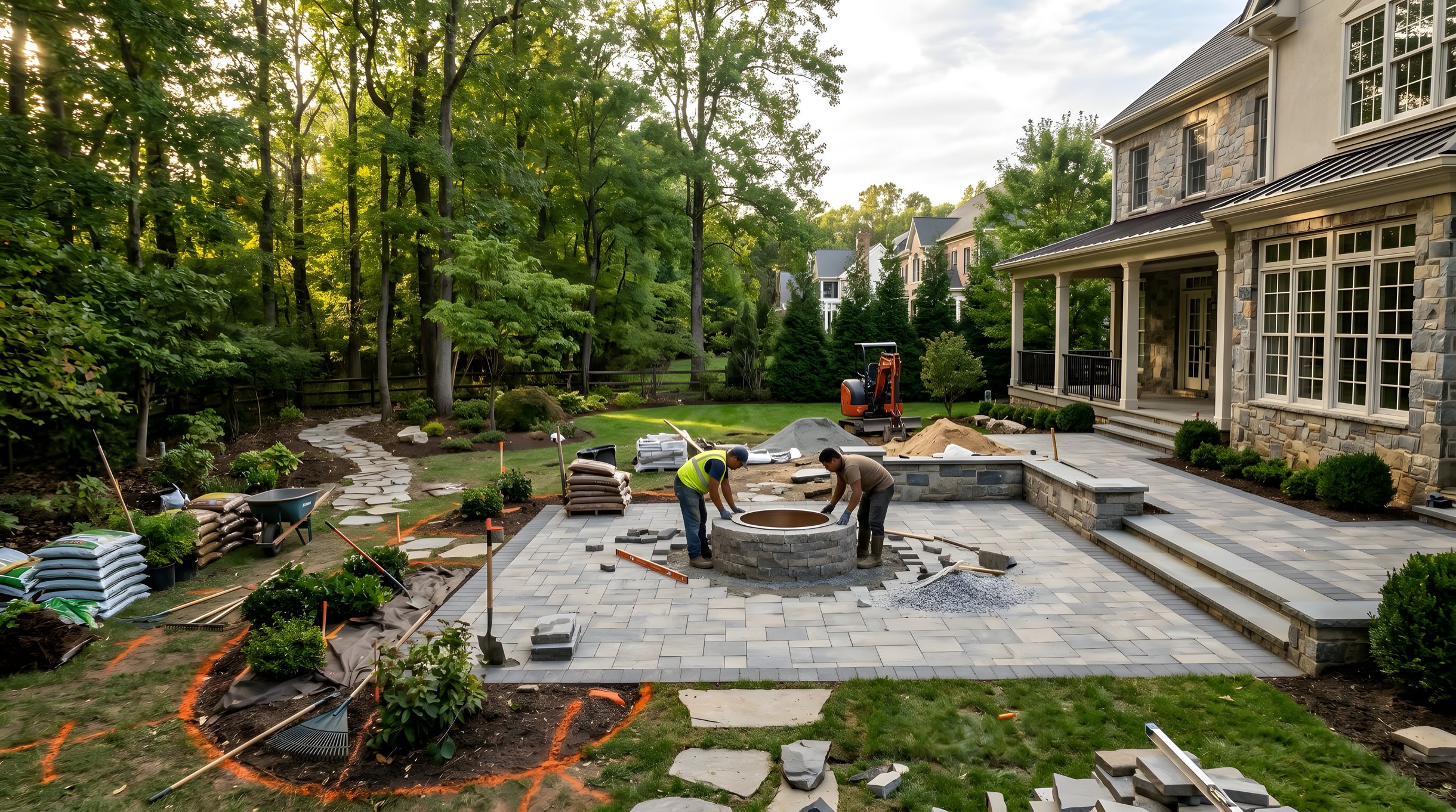 Outdoor living space under construction in Northern Virginia showing patio completion and fire pit installation