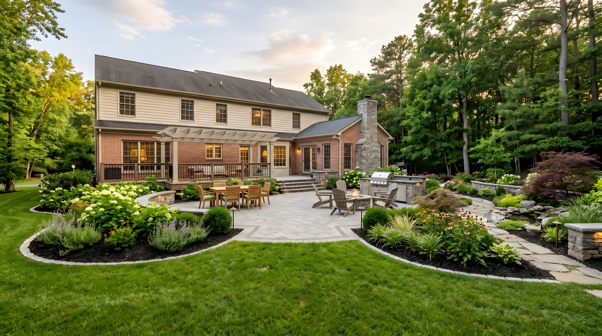 Completed landscape design and build transformation in a Northern Virginia backyard with patio and plantings