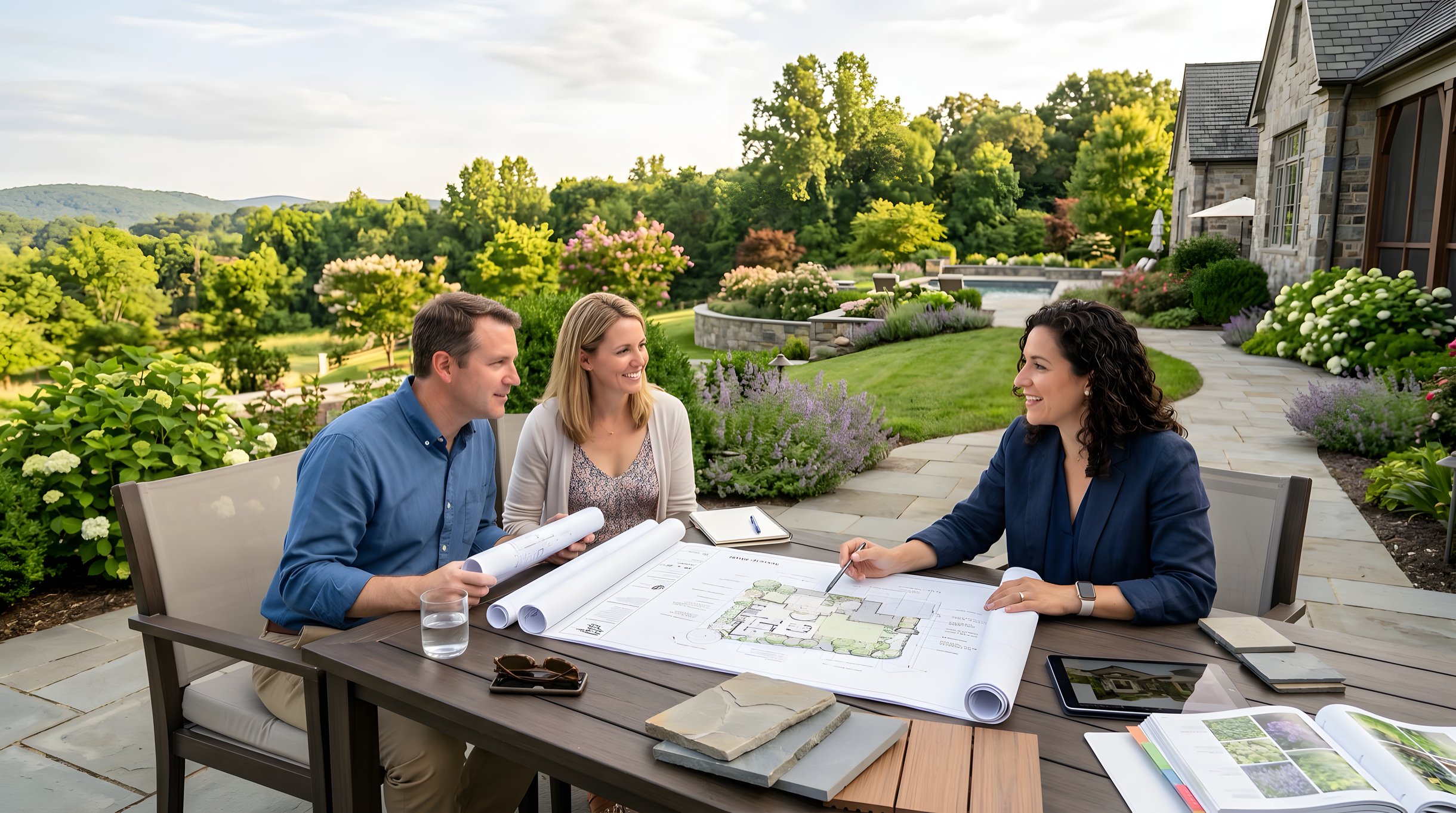 Landscape design and build consultation with plans being reviewed by homeowner and designer