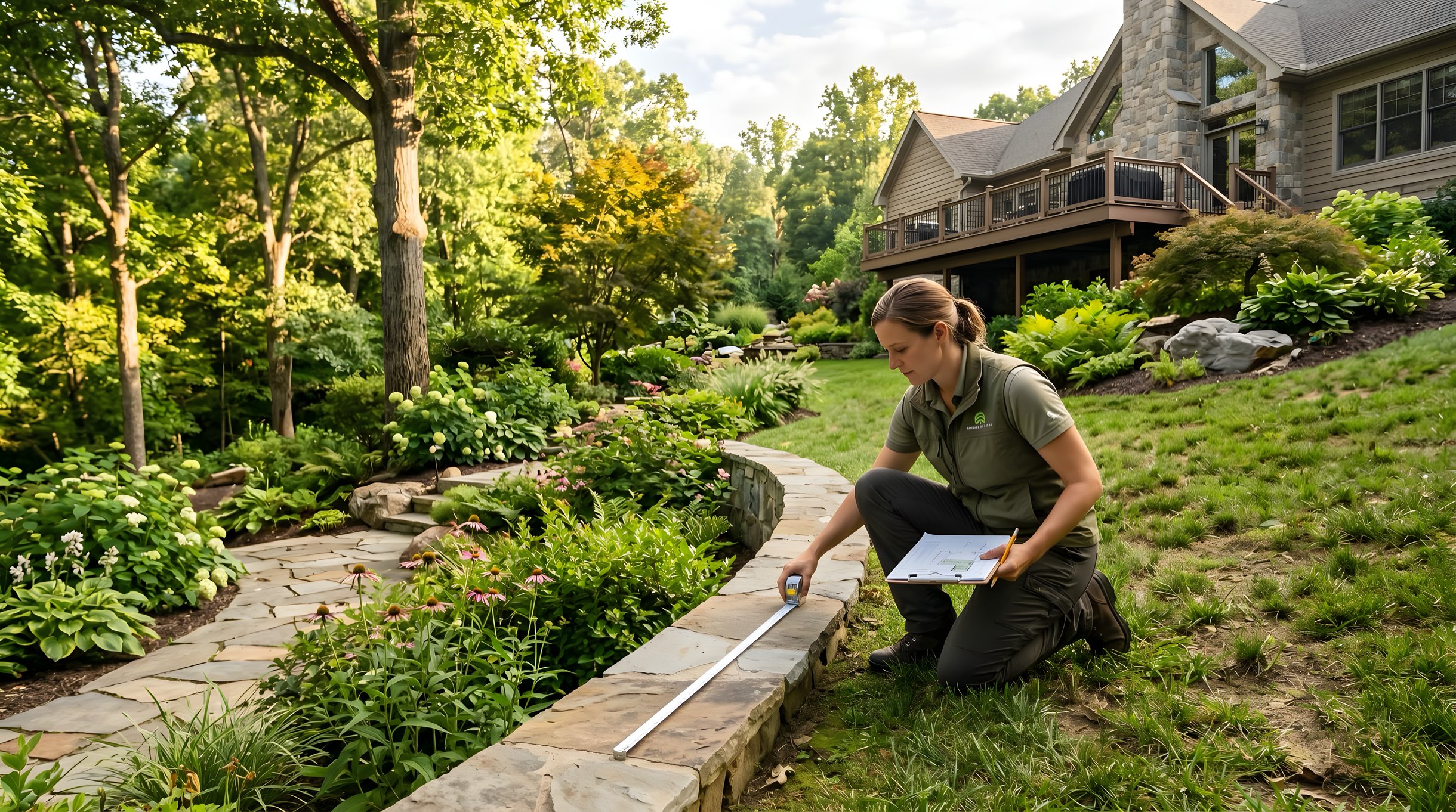 Landscape designer assessing site conditions and taking measurements in a Northern Virginia backyard