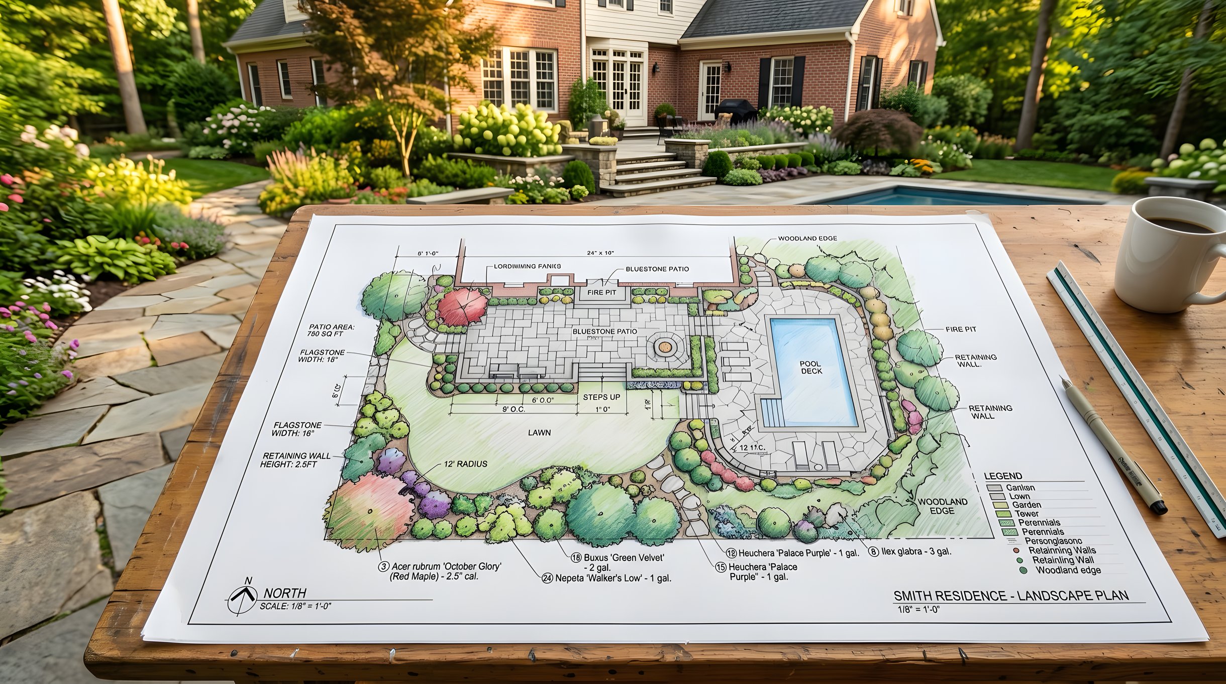 Professional landscape design and build construction drawings showing patio layout and plant specifications