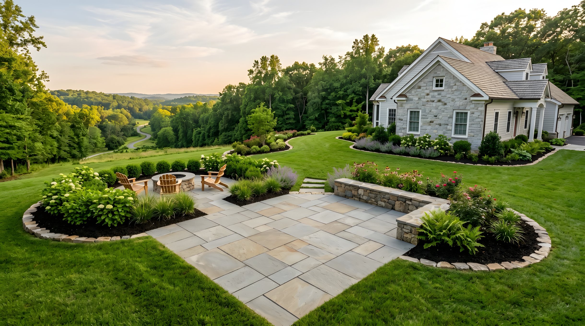 Completed landscape design and build project in Northern Virginia with patio, plantings, and finished yard