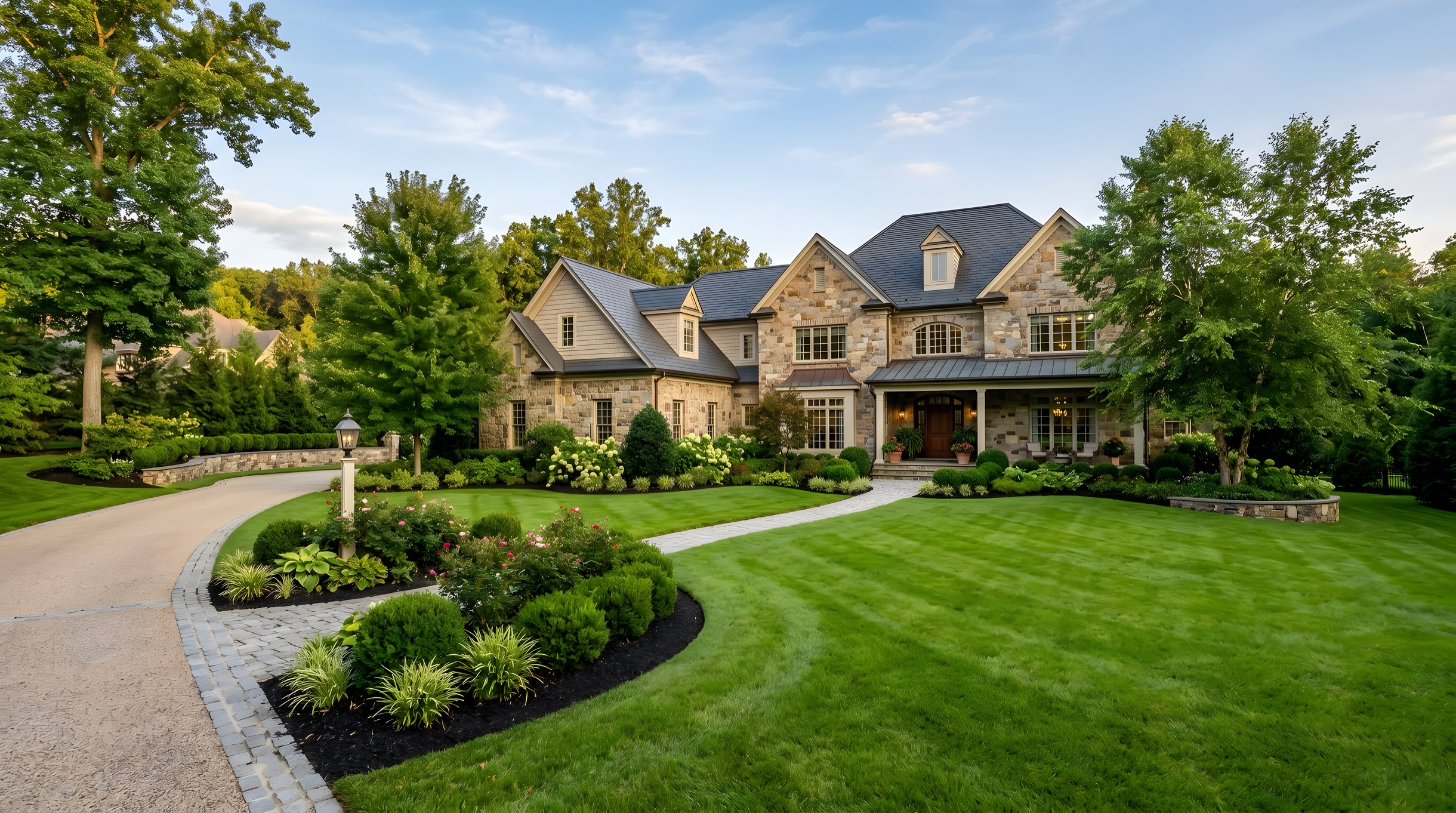 Professionally maintained residential landscape in McLean, Northern Virginia with lush lawn and planting beds