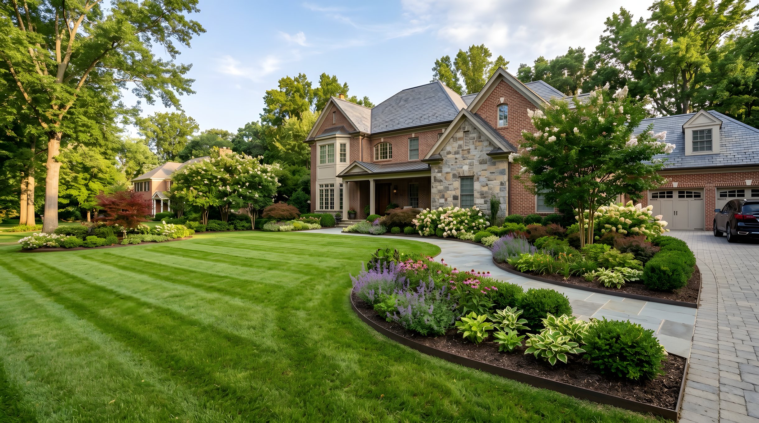 Professionally maintained residential landscape in McLean Virginia with manicured lawn and planting beds