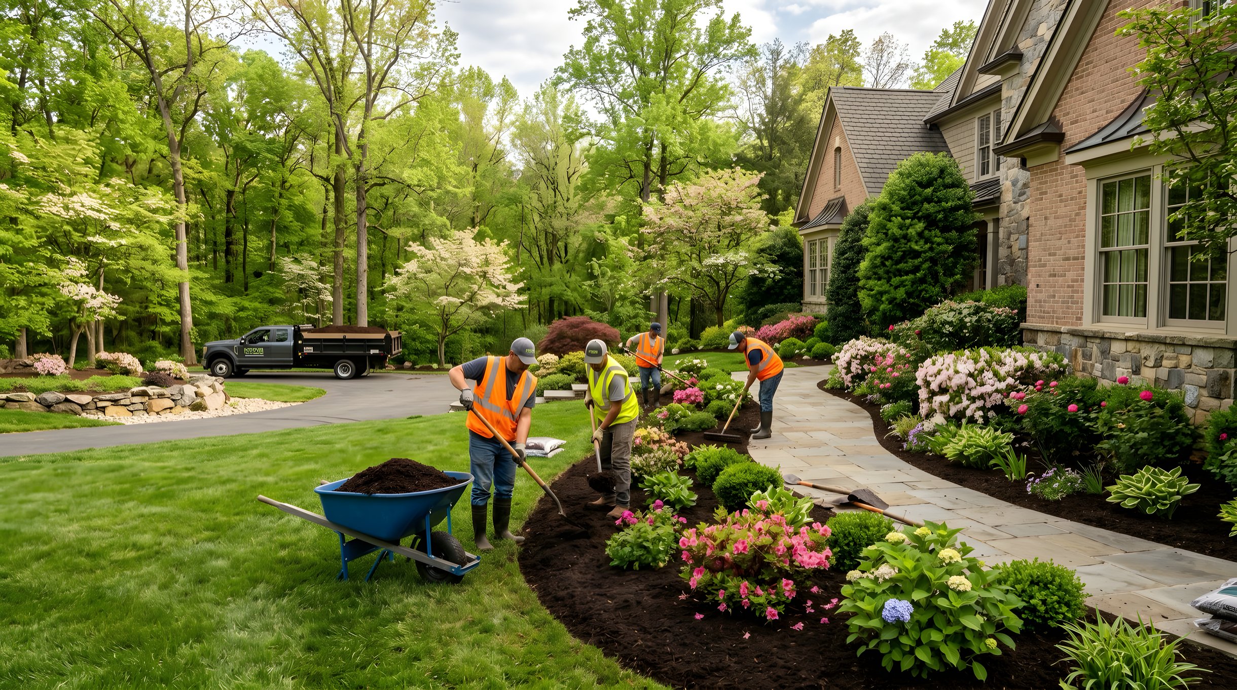 Landscape maintenance crew mulching residential planting beds in Northern Virginia spring