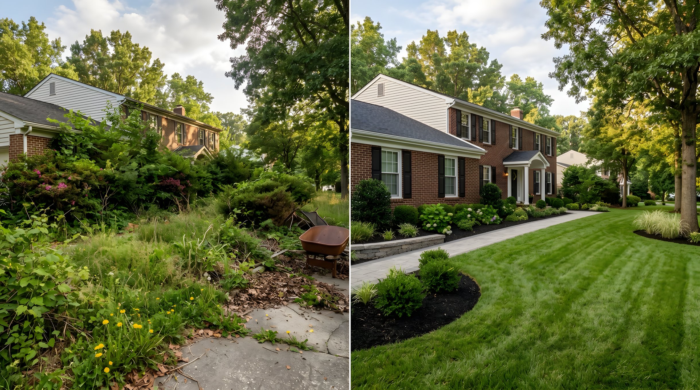 Before and after residential landscaping transformation in Northern Virginia showing overgrown yard converted to clean maintained landscape
