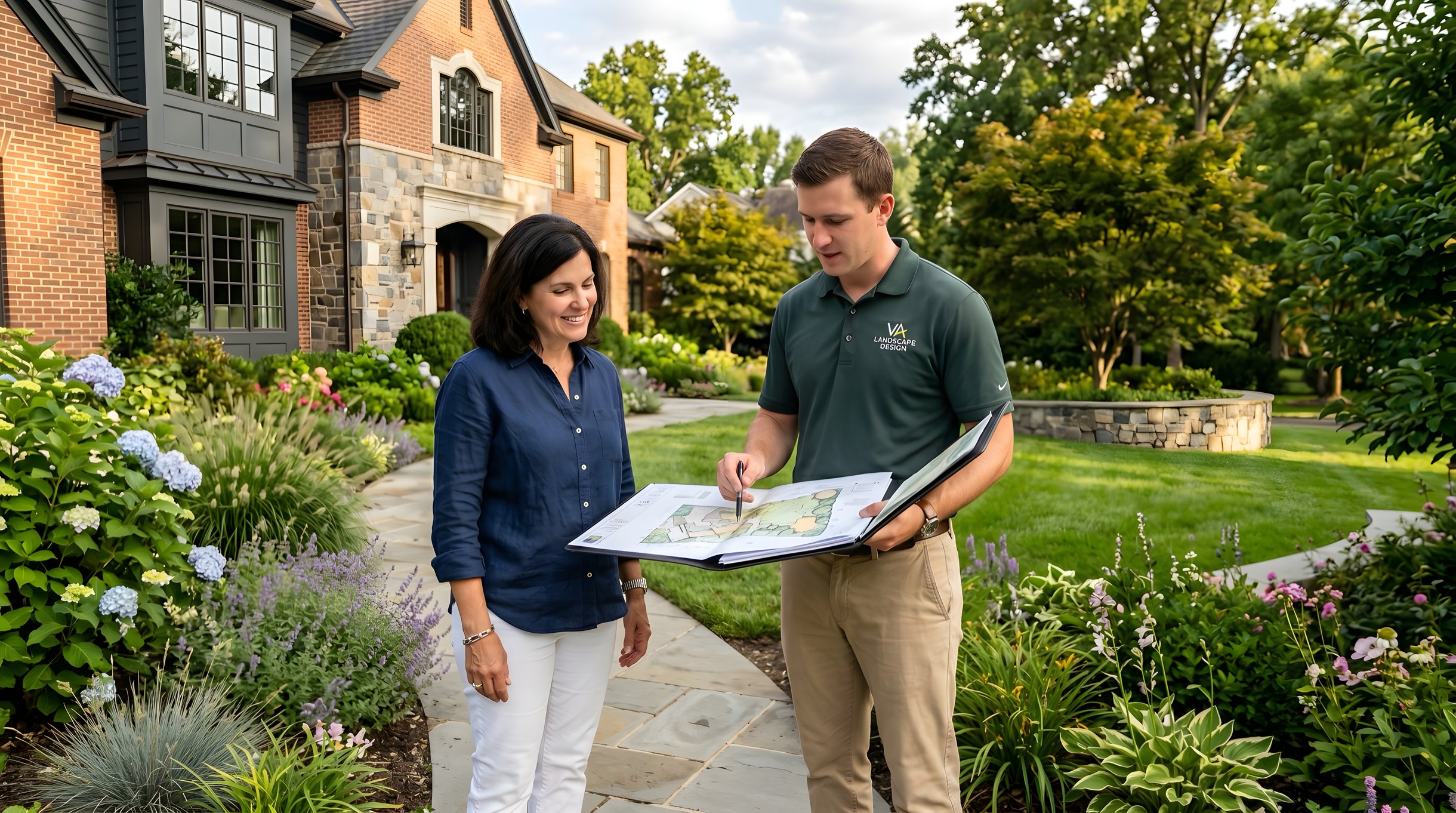 Sunrise Landscape and Design consultant reviewing residential landscaping plan with homeowner