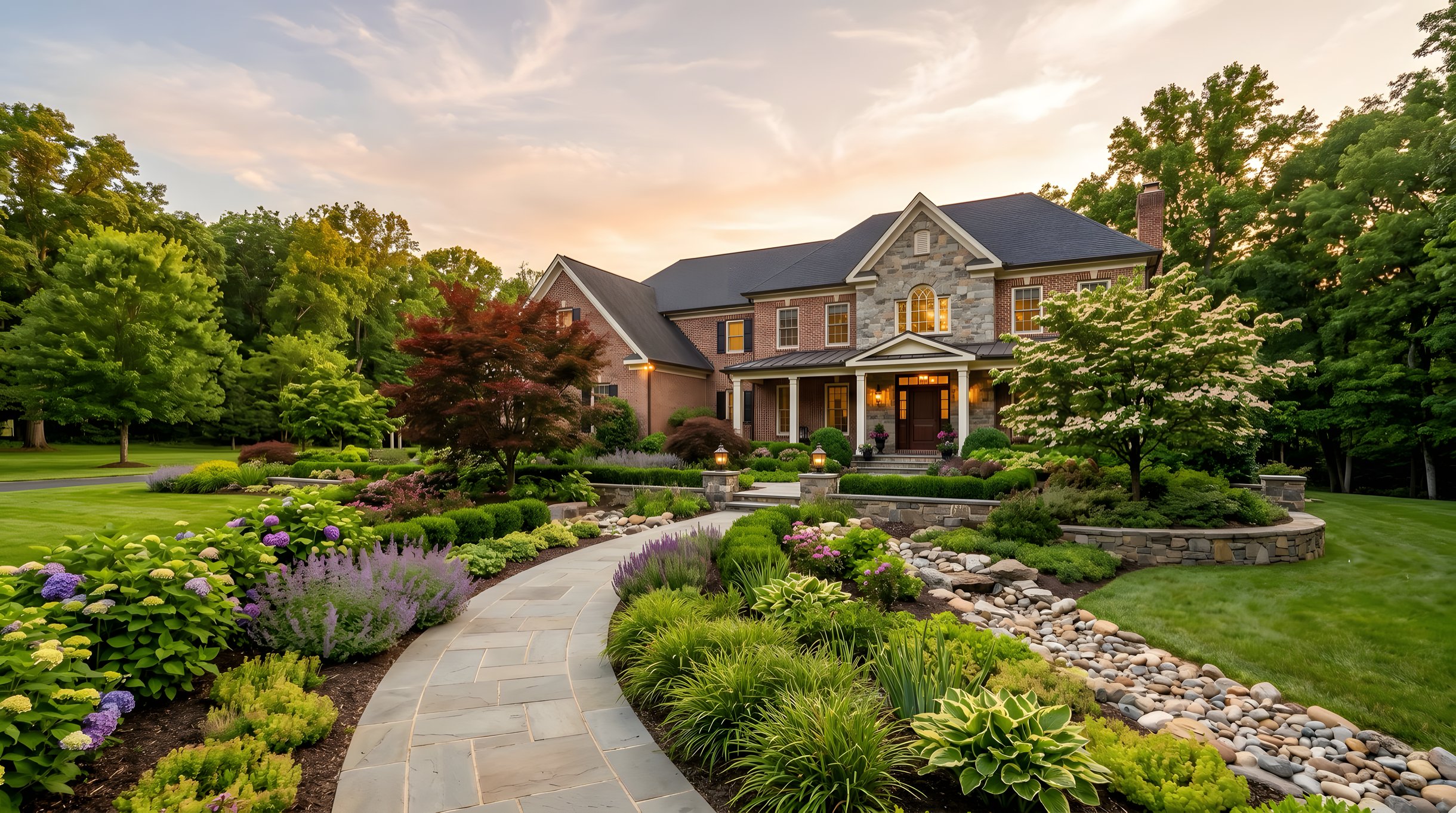 Premium landscape design services result at a Northern Virginia home with a paver walkway and layered plantings