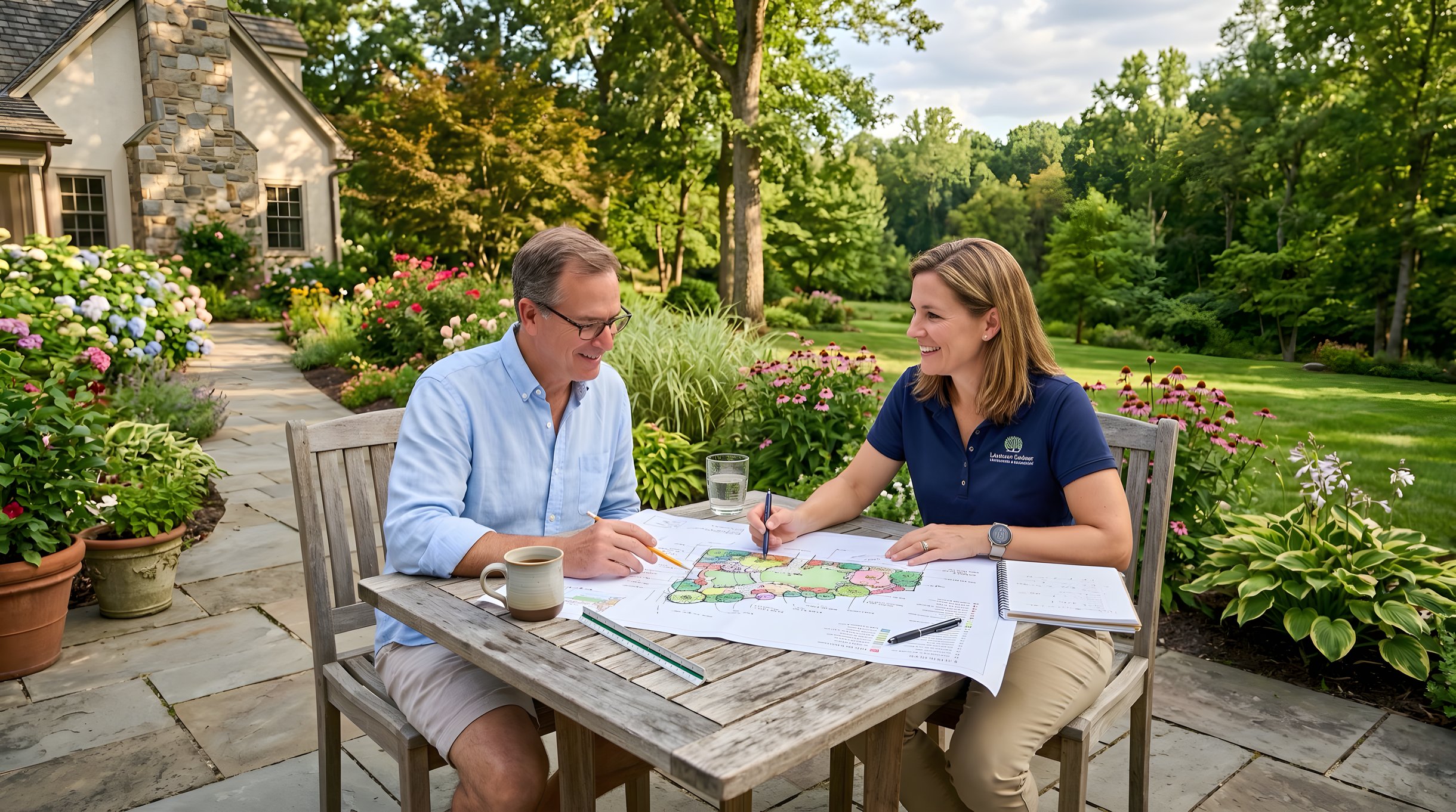 Landscape design services consultation with professional designer and homeowner reviewing plans