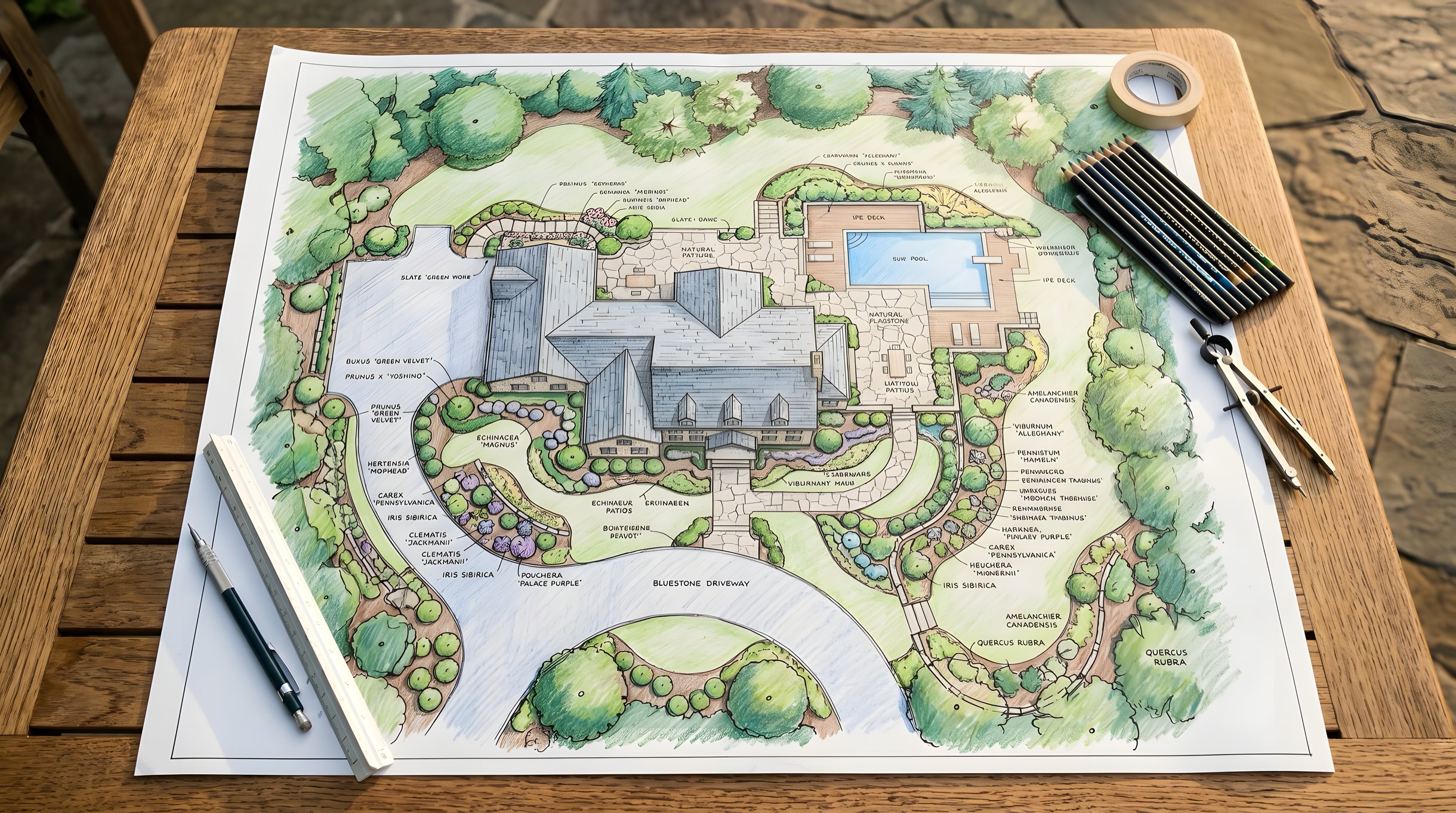 Professional landscape design planting plan with species callouts and bed layouts for Northern Virginia home
