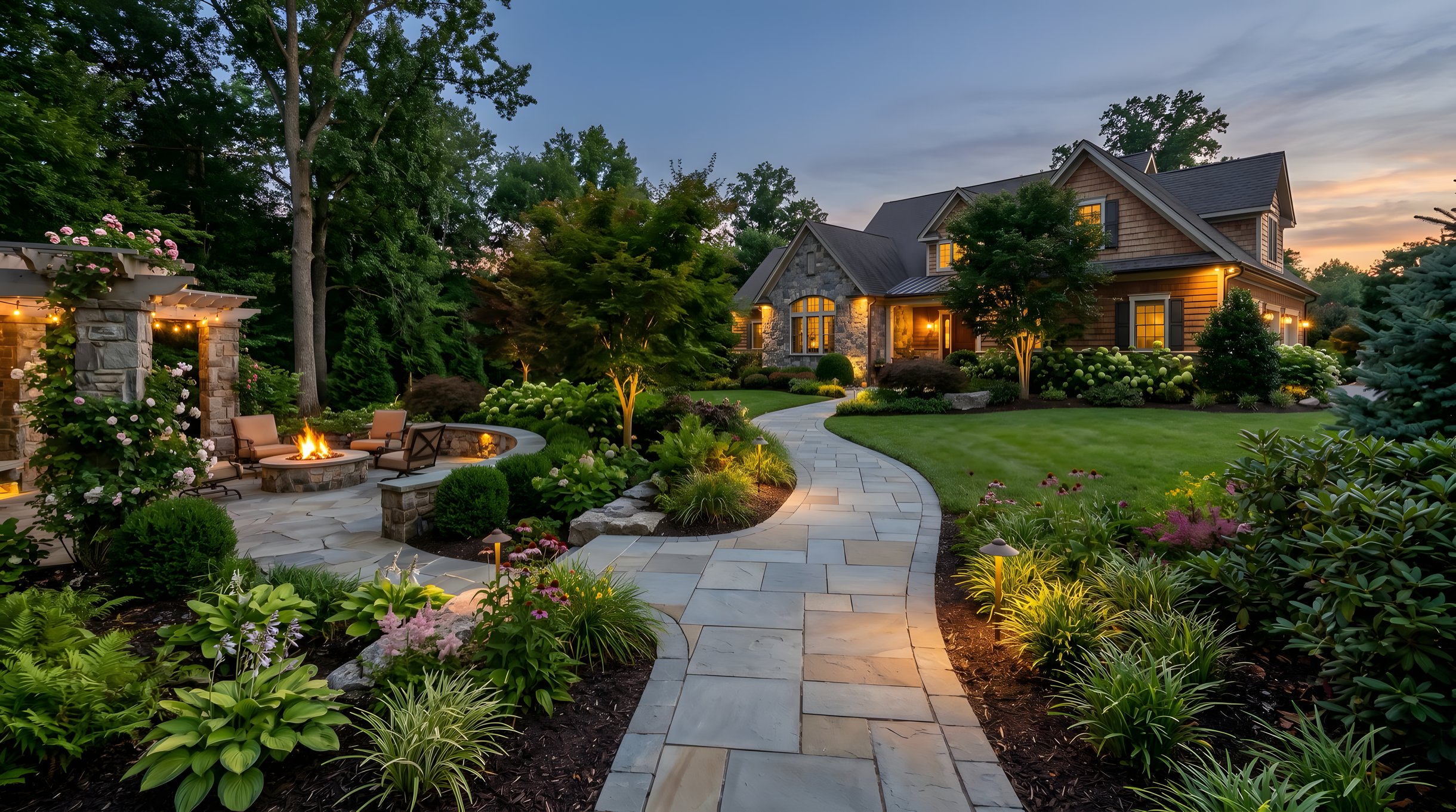 Completed landscape design services project in Northern Virginia with planting, walkway, and landscape lighting