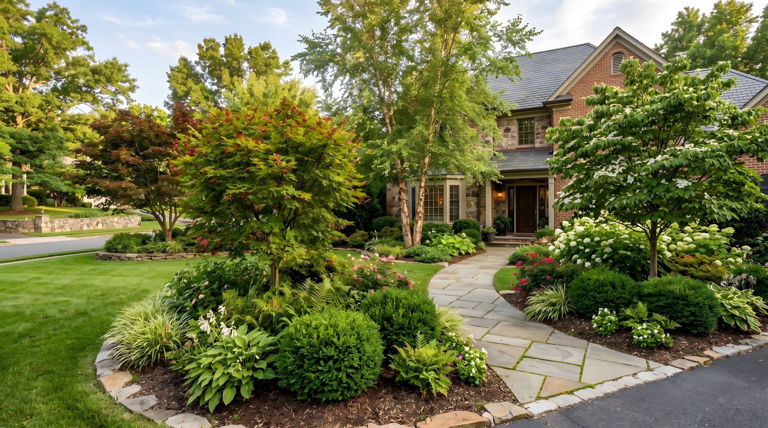 Professional landscape design services result showing Northern Virginia front yard with layered plantings and stone walkway