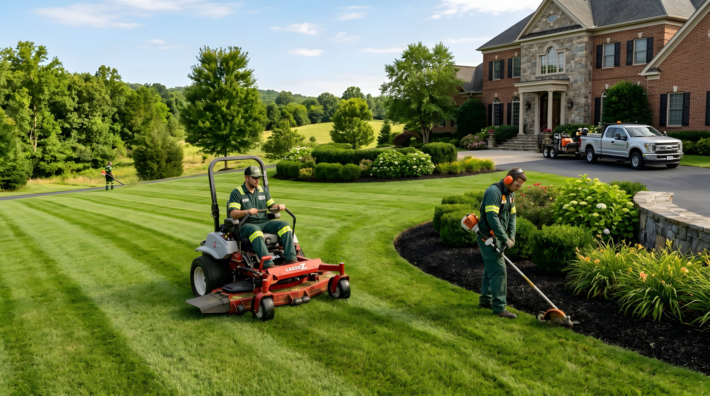 Commercial landscape maintenance crew maintaining turf and planting beds at a Northern Virginia commercial property
