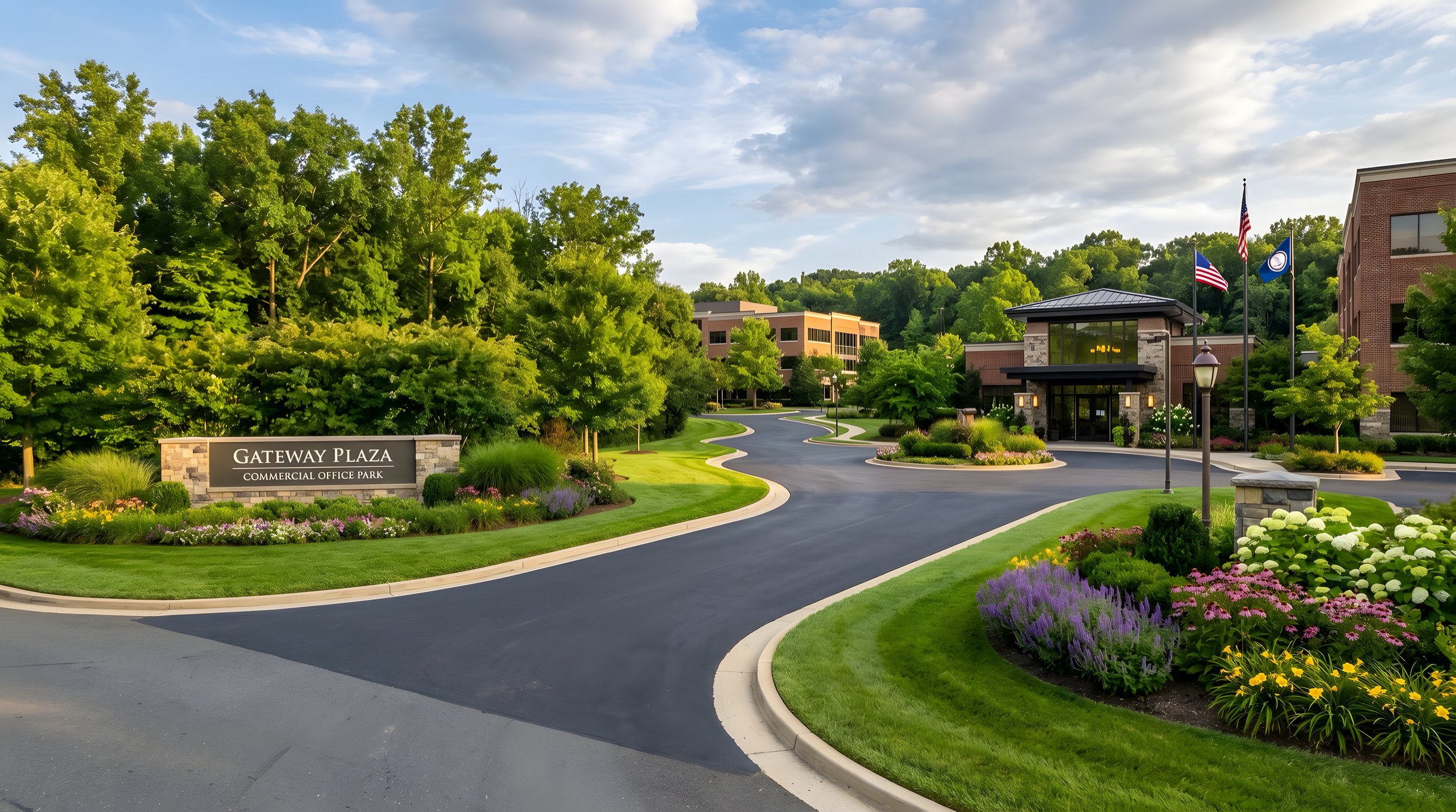 Professionally maintained commercial property entrance in Northern Virginia with seasonal plantings and manicured turf