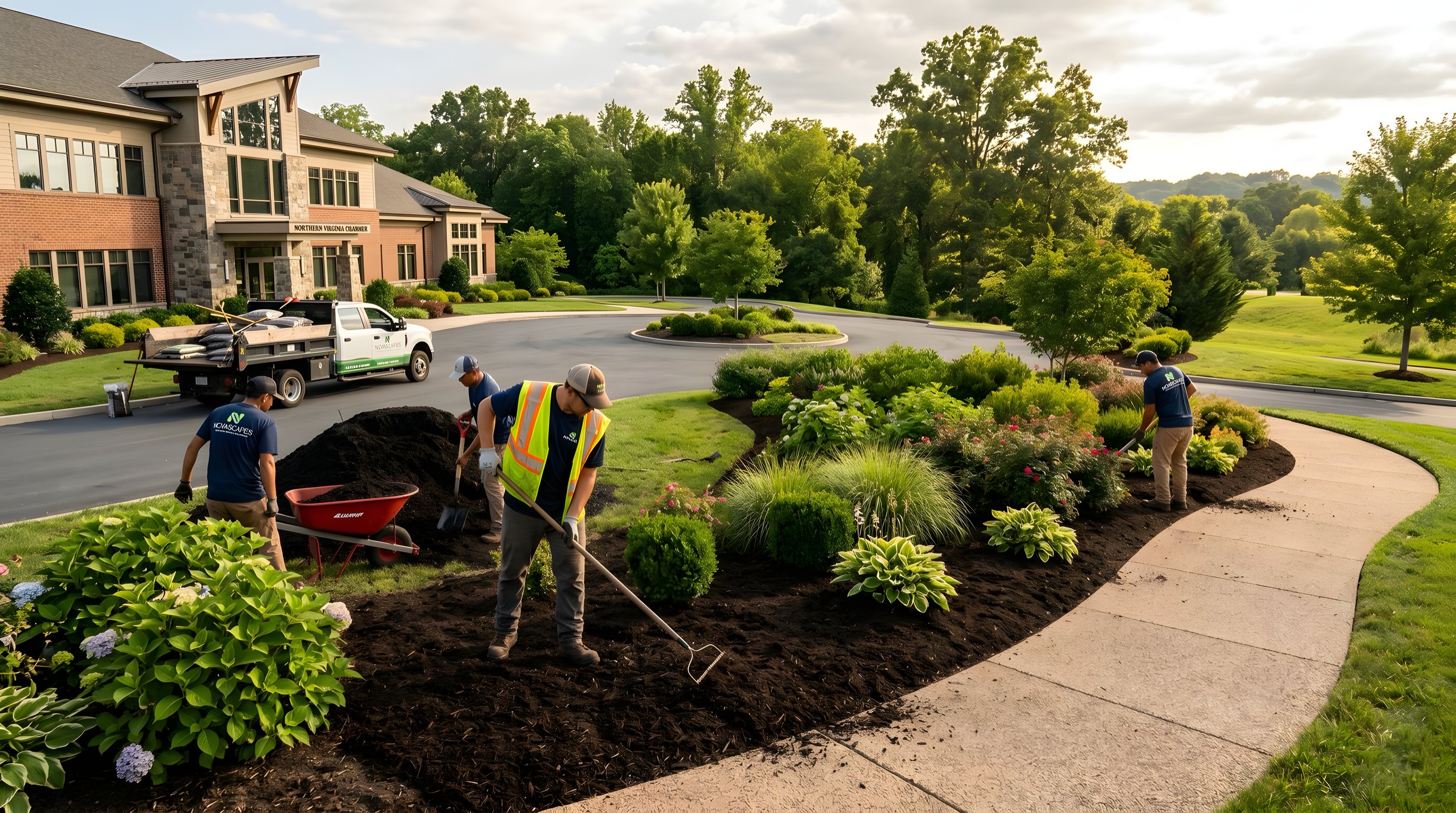 Professional landscape crew applying mulch to commercial property planting beds in Northern Virginia