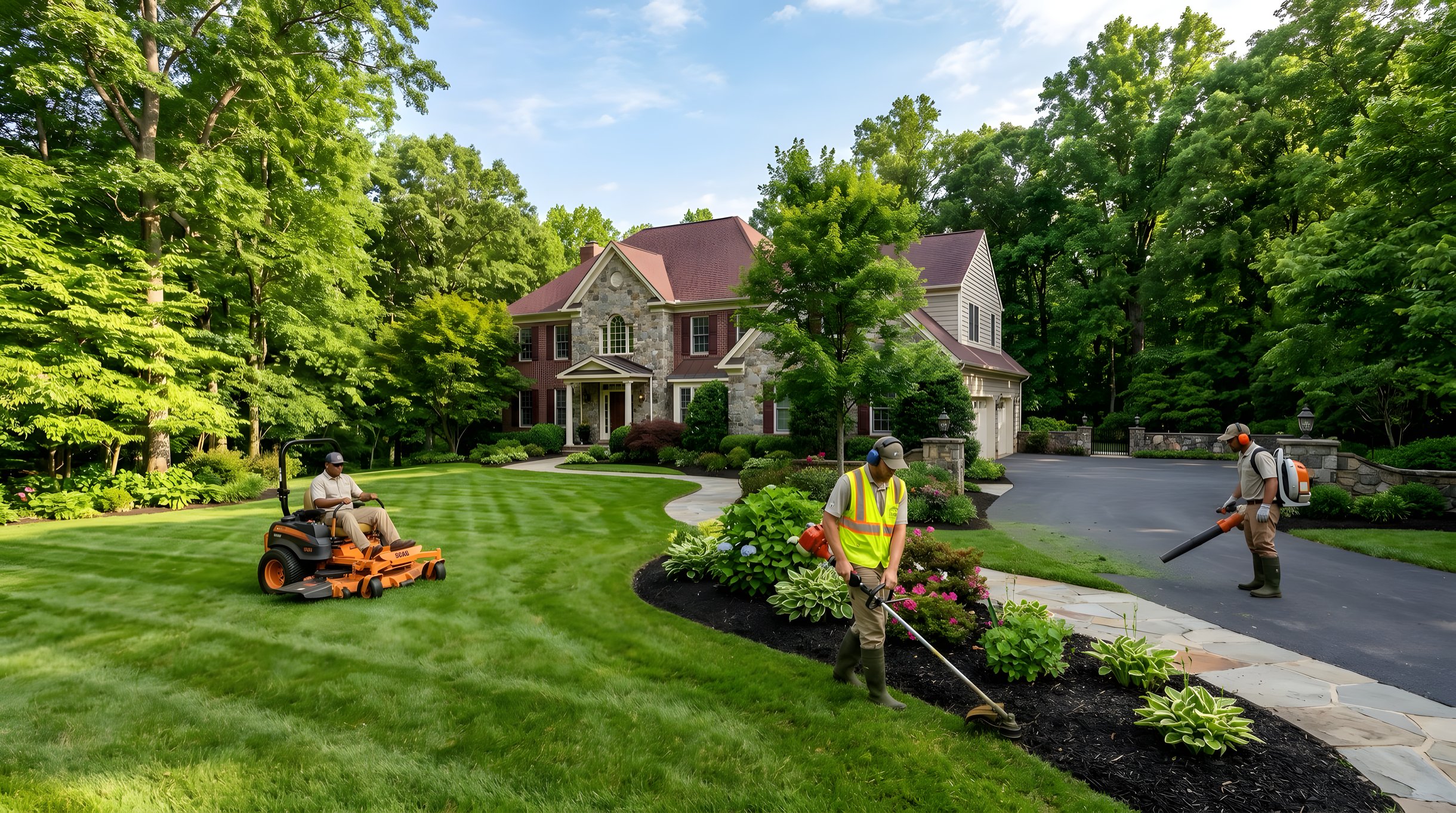 Professional landscape maintenance crew mowing and edging Northern Virginia residential property