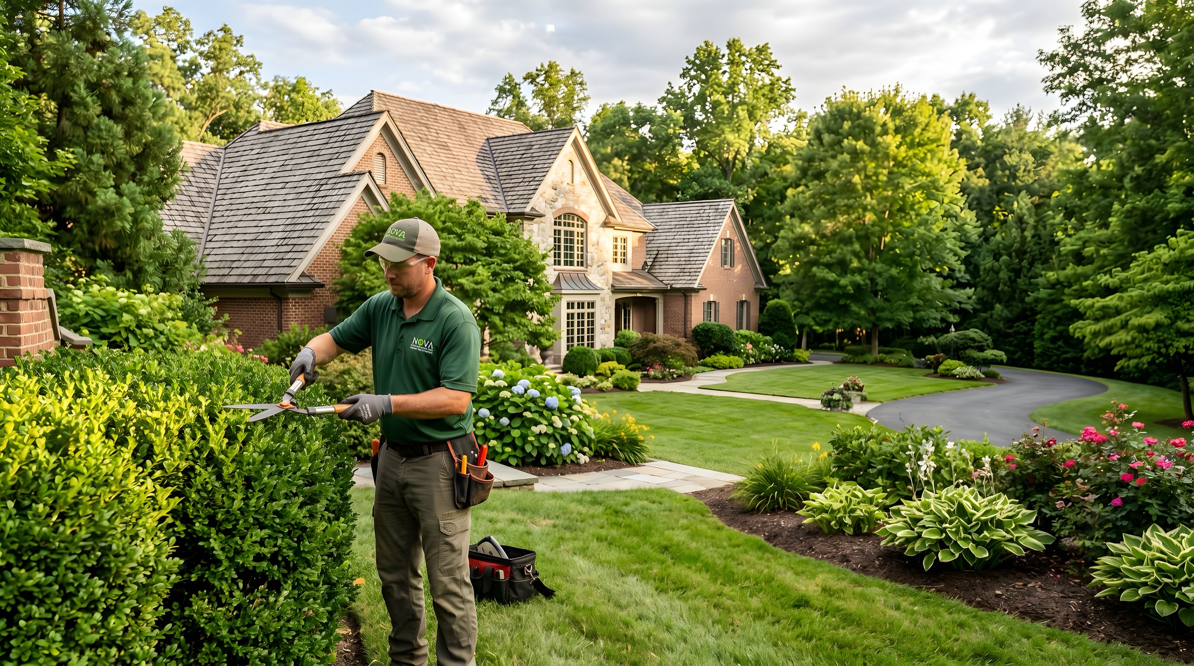 Experienced landscape maintenance specialist trimming shrubs on a familiar Northern Virginia residential property