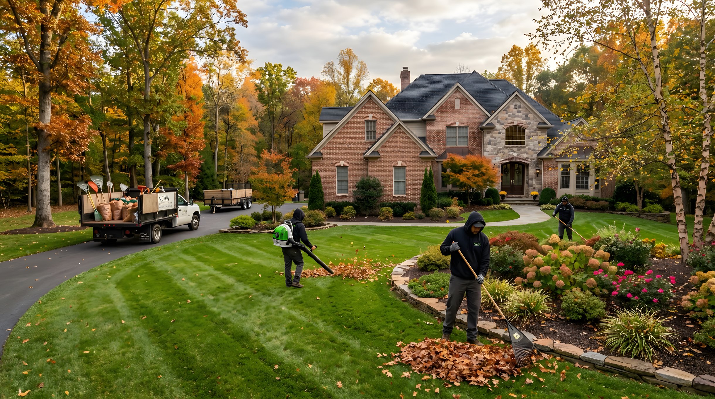 Landscape maintenance crew performing fall cleanup on Northern Virginia residential property