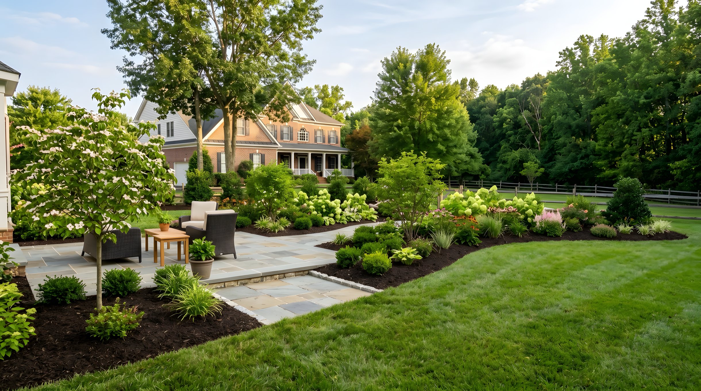 Newly installed Northern Virginia landscape with planting beds and a stone patio beside an established lawn