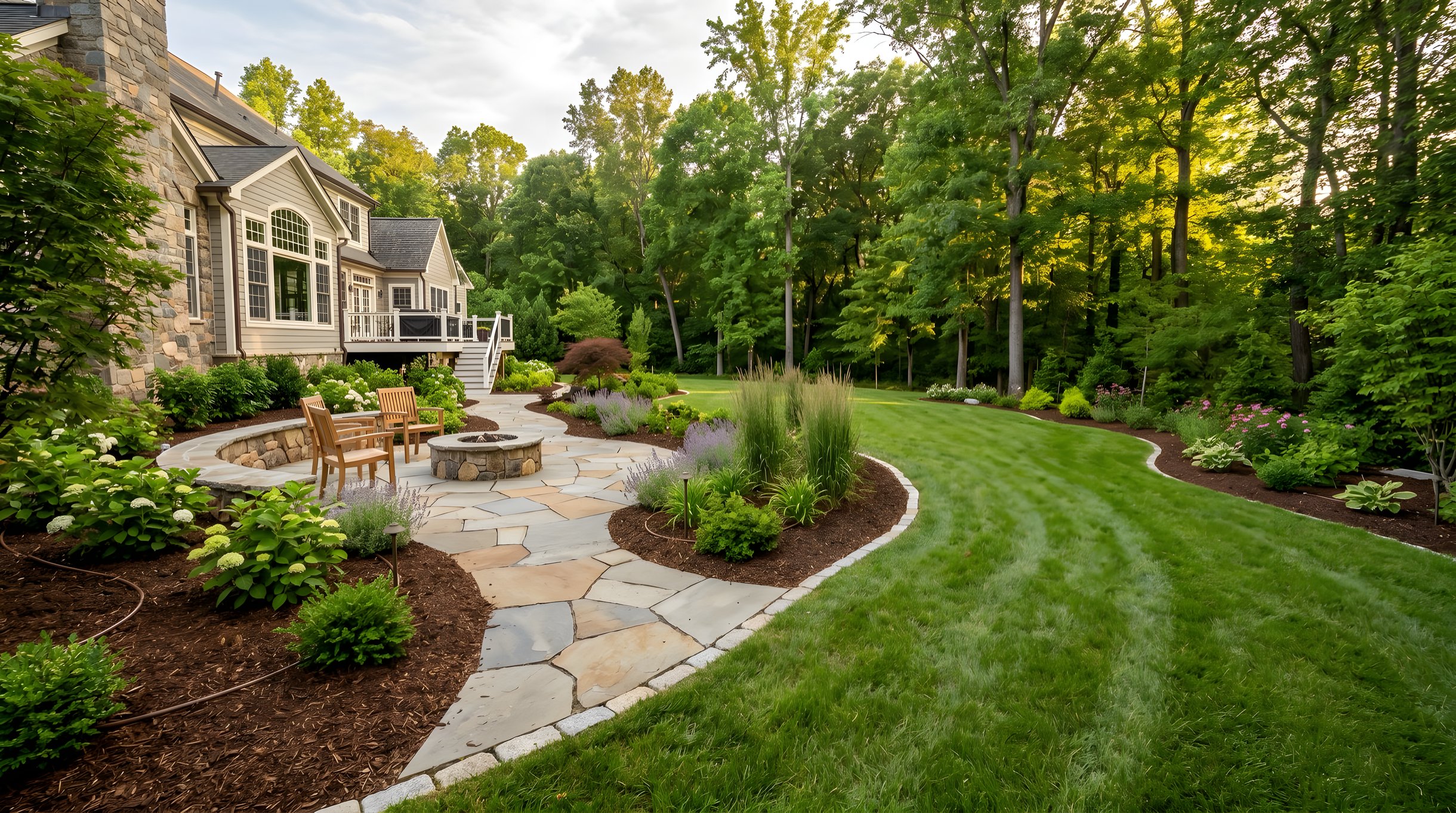 Newly installed landscape in Northern Virginia with fresh plantings, mulch, and stone patio
