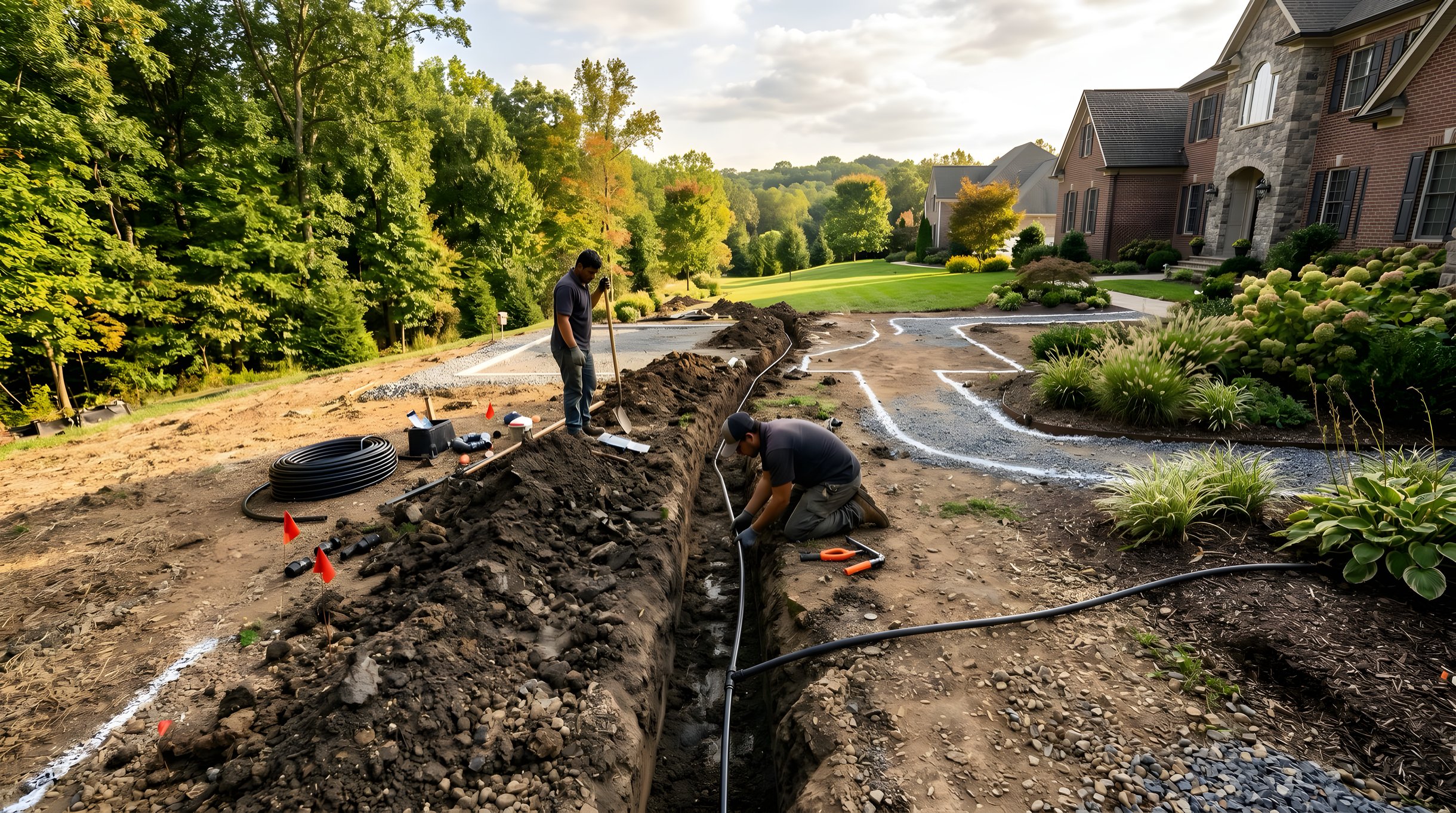 Irrigation system installation in Northern Virginia backyard during landscape installation before paving