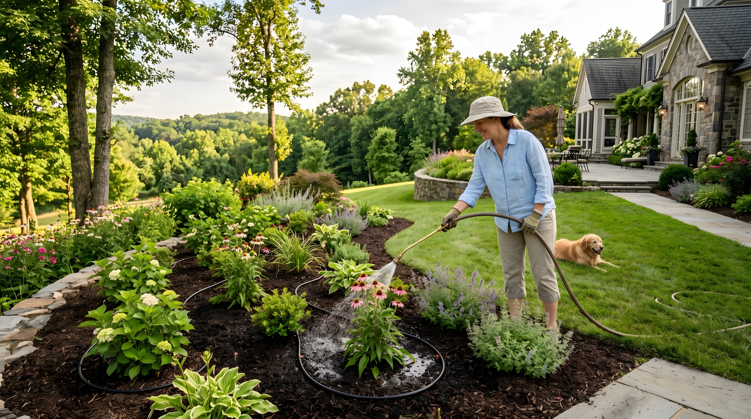 New landscape installation in Northern Virginia with irrigation supporting plant establishment in first growing season