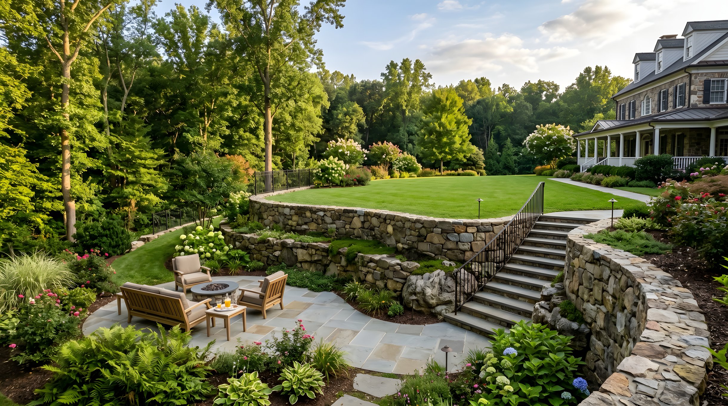Natural stone retaining wall in a Northern Virginia backyard creating terraced patio and lawn levels