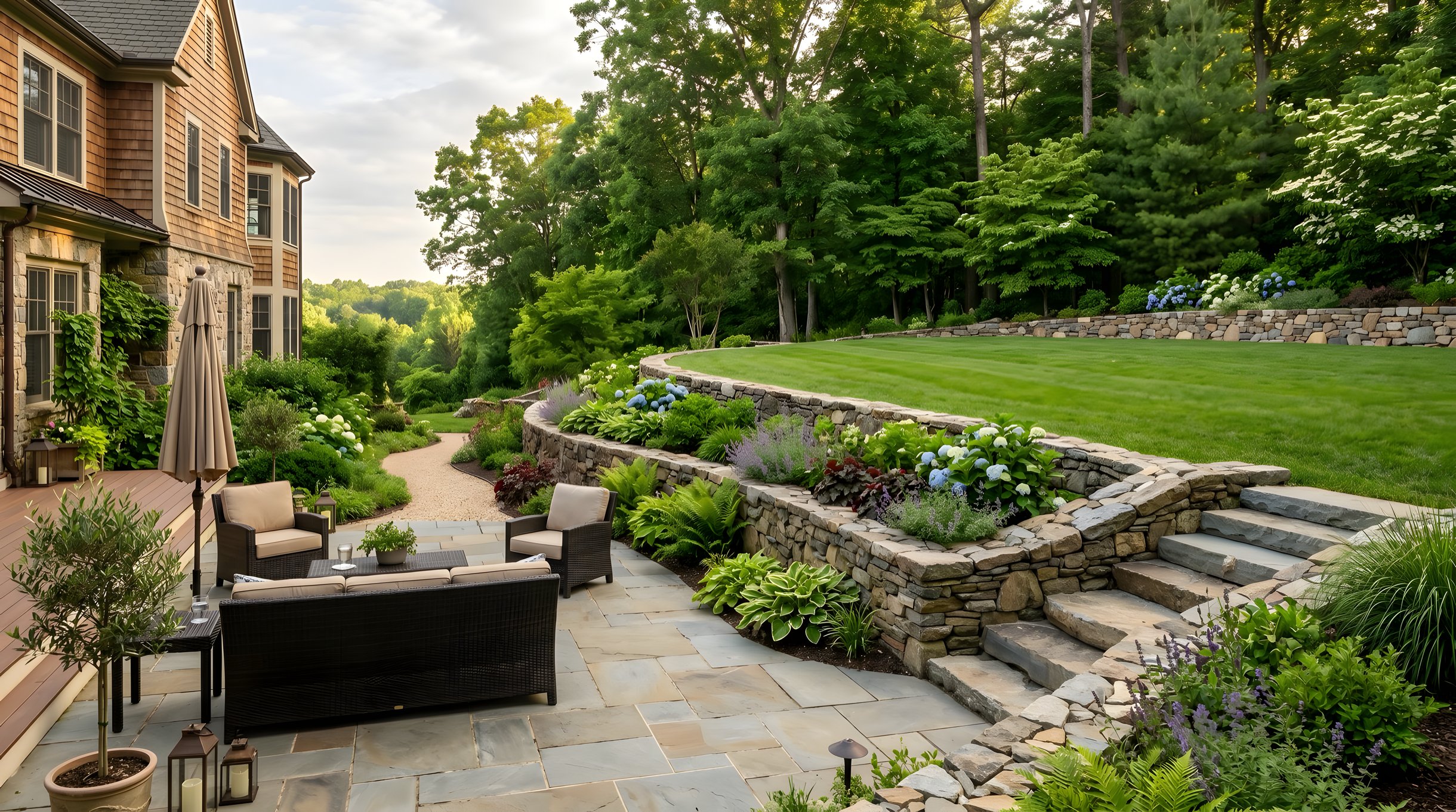 Natural stone retaining wall in Northern Virginia backyard creating terraced levels with patio below and lawn above