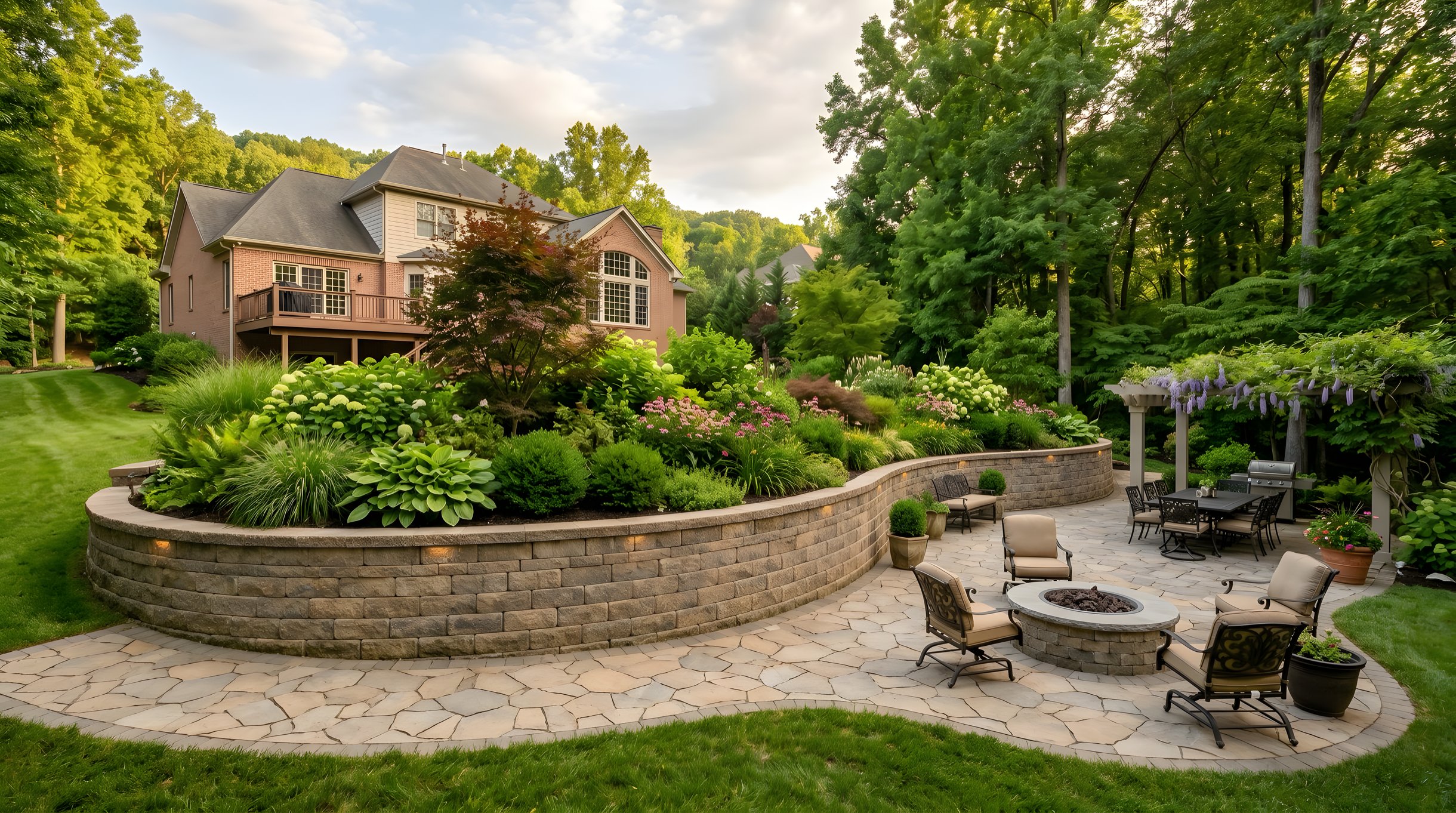 Engineered concrete block retaining wall with paver patio in Northern Virginia residential backyard