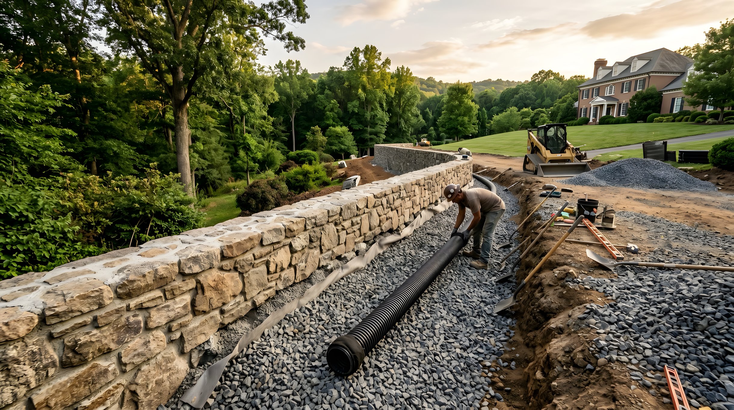 Retaining wall construction in Northern Virginia showing drainage aggregate and perforated drain pipe installation behind wall
