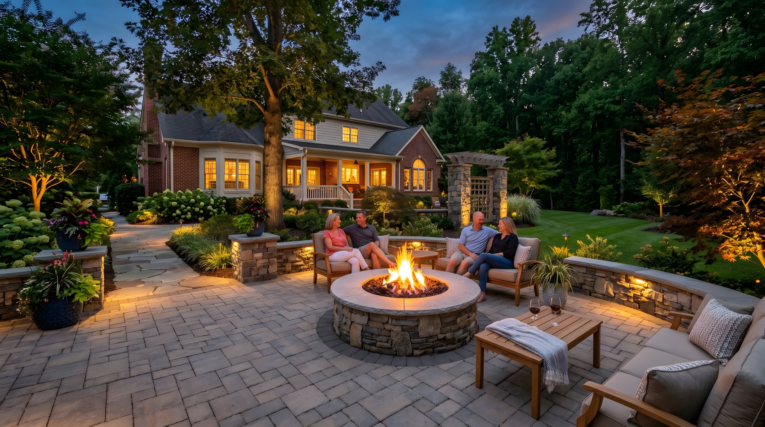 Northern Virginia outdoor living space with a built-in fire pit installation and warm lighting at dusk