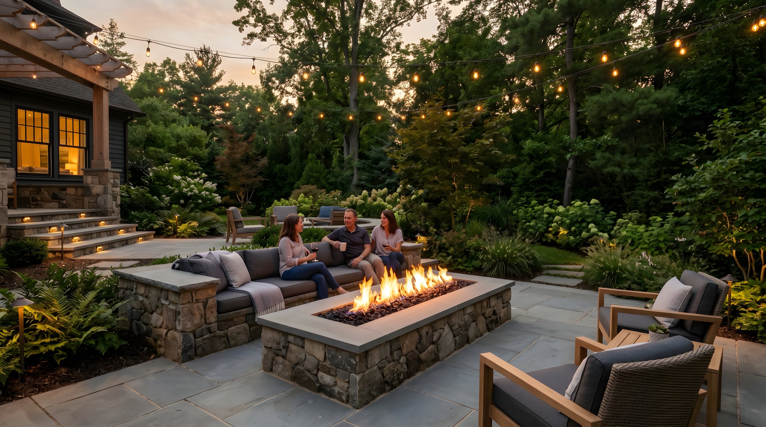 Built-in linear gas fire pit with stone surround and seat walls in a Northern Virginia backyard patio at evening