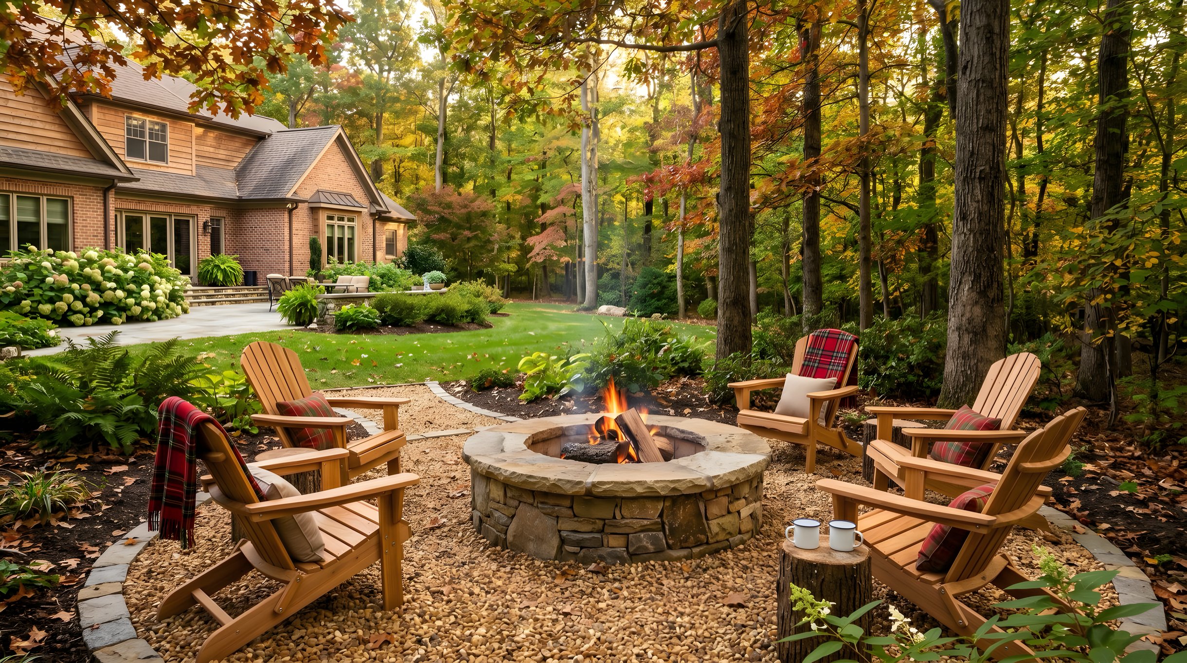 Circular wood-burning fire pit with natural stone surround in wooded Northern Virginia backyard seating area