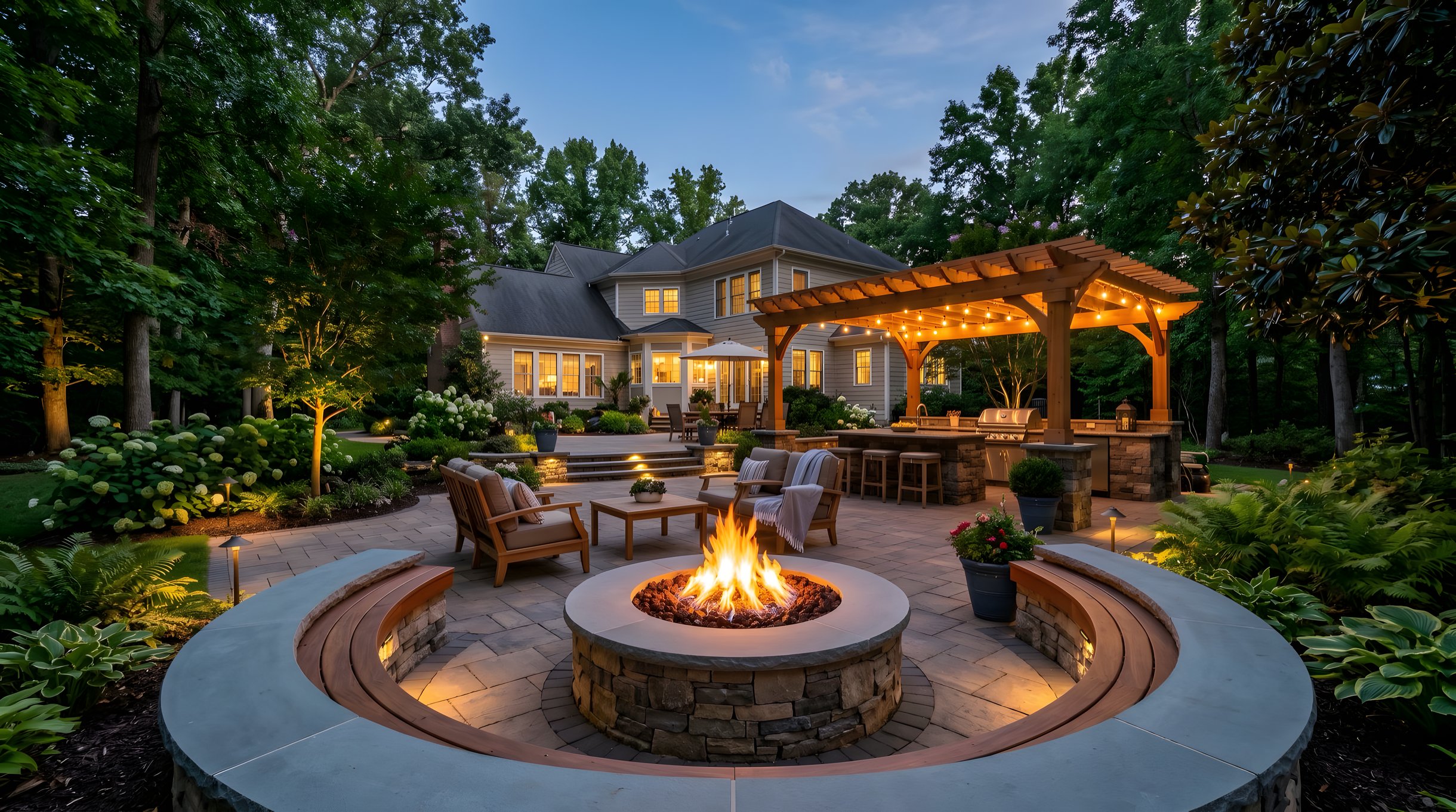 Premium Northern Virginia outdoor living space with gas fire pit seat walls paver patio and landscape lighting